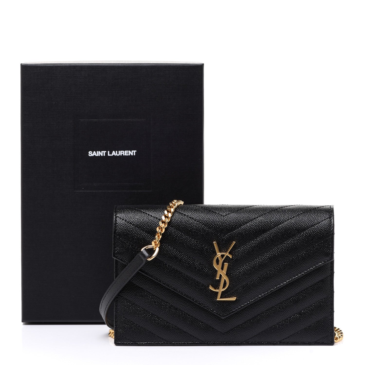 Saint Laurent Grain De Poudre Matelasse Chevron Monogram Envelope Chain Wallet Black 8 of 8