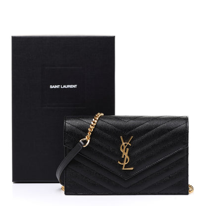 Saint Laurent Grain De Poudre Matelasse Chevron Monogram Envelope Chain Wallet Black 8 of 8