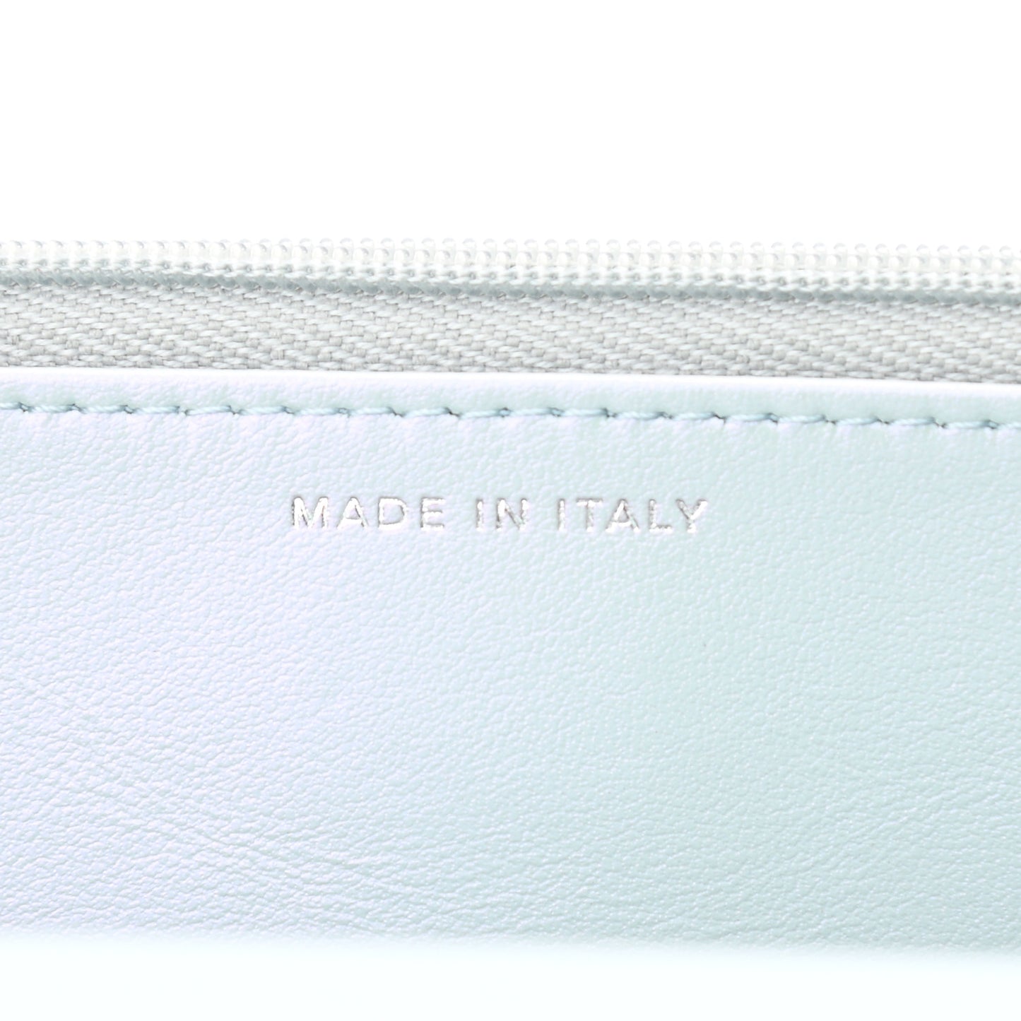 Iridescent Calfskin Quilted Wallet On Chain WOC Light Blue