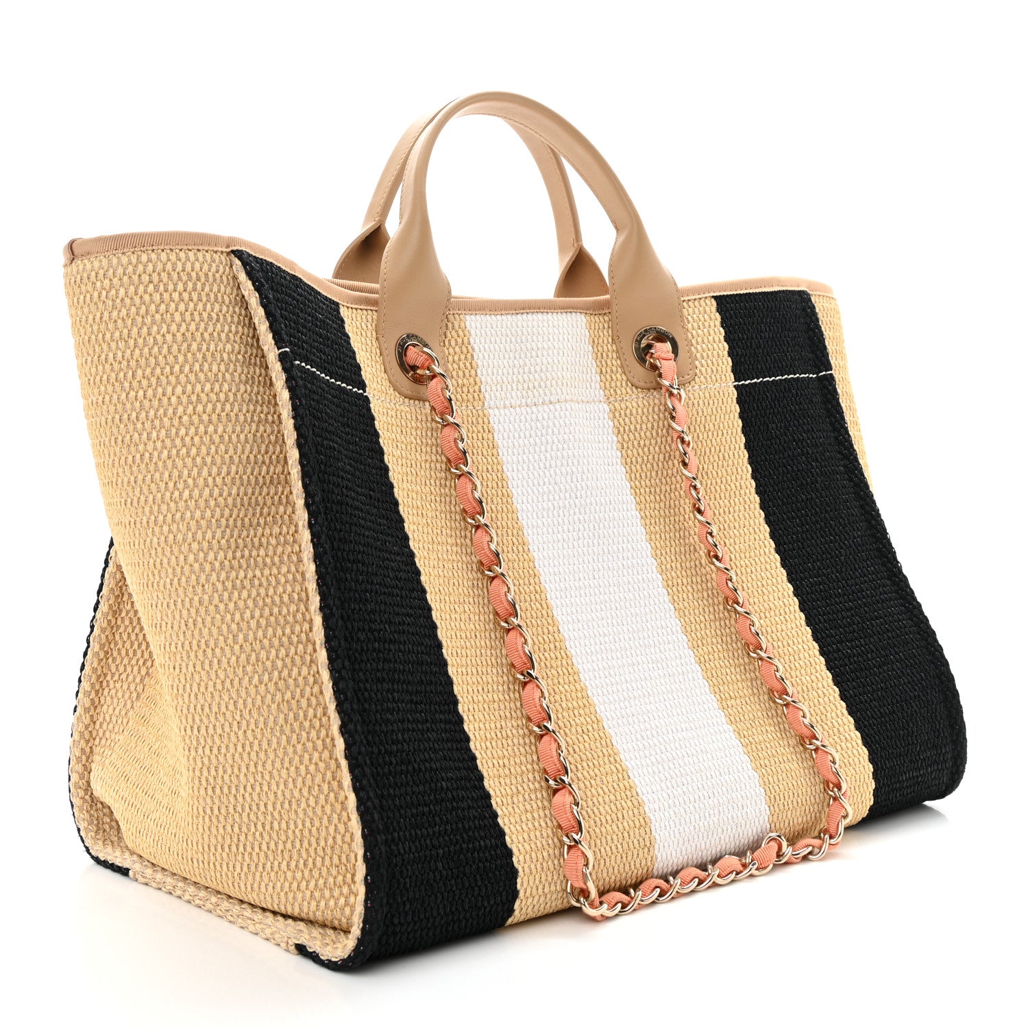 Chanel Straw Raffia Calfskin Striped Large Deauville Tote Black Beige Ivory 5 of 9