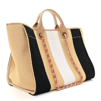 Chanel Straw Raffia Calfskin Striped Large Deauville Tote Black Beige Ivory 5 of 9