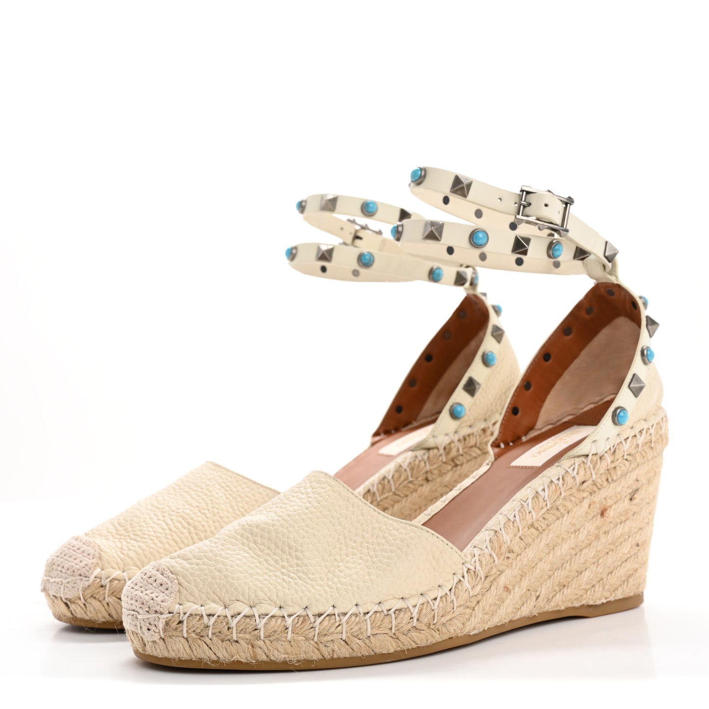 Grained Calfskin Turquoise Rockstud Rolling Ankle Wrap Espadrille 20mm Flats 40 Light Ivory Natural