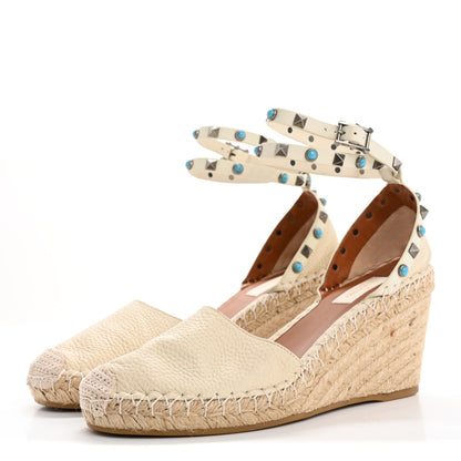 Valentino Garavani Grained Calfskin Turquoise Rockstud Rolling Ankle Wrap Espadrille 20mm Flats 40 Light Ivory Natural 4 of 8