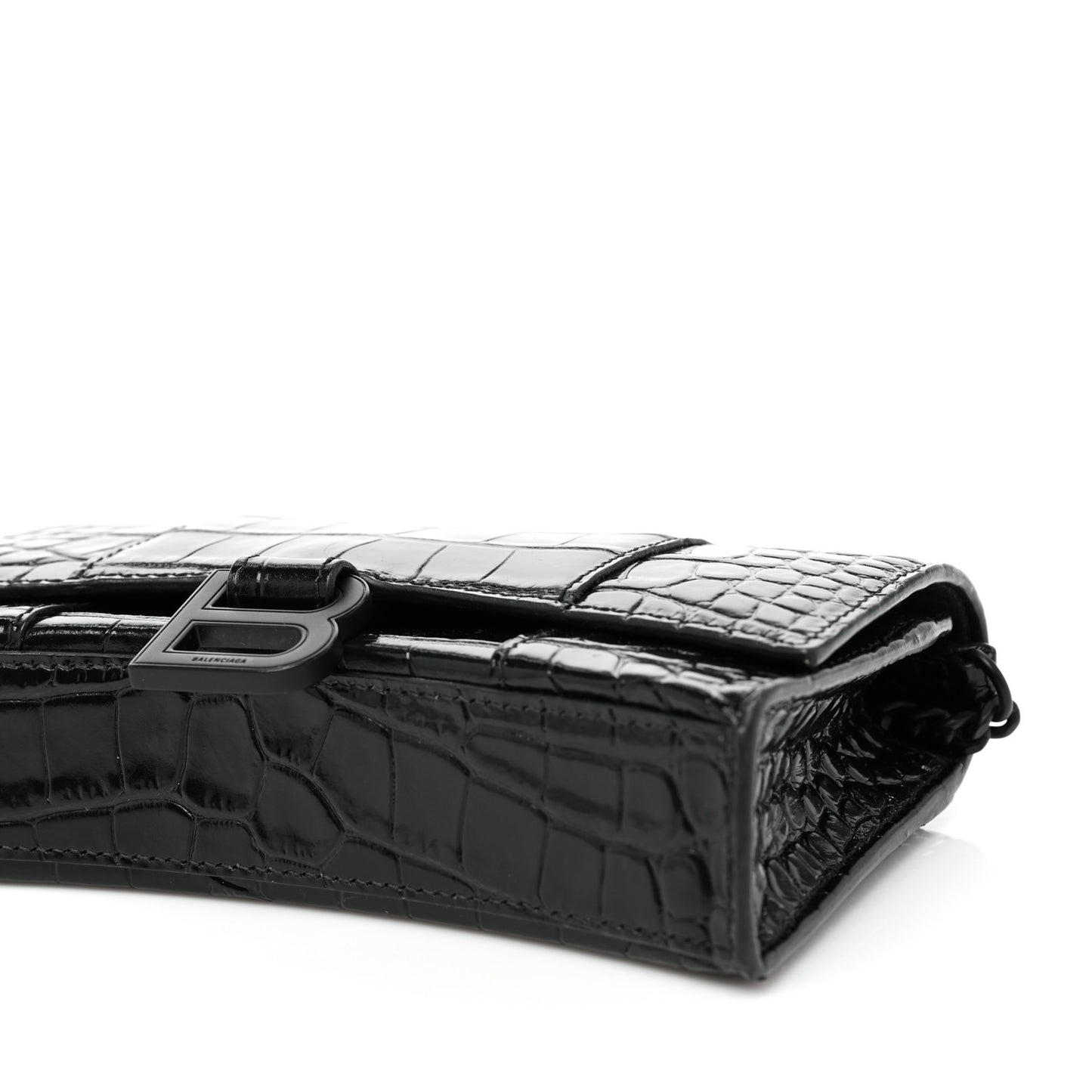 Shiny Calfskin Monochrome Crocodile Embossed Hourglass Chain Bag Black