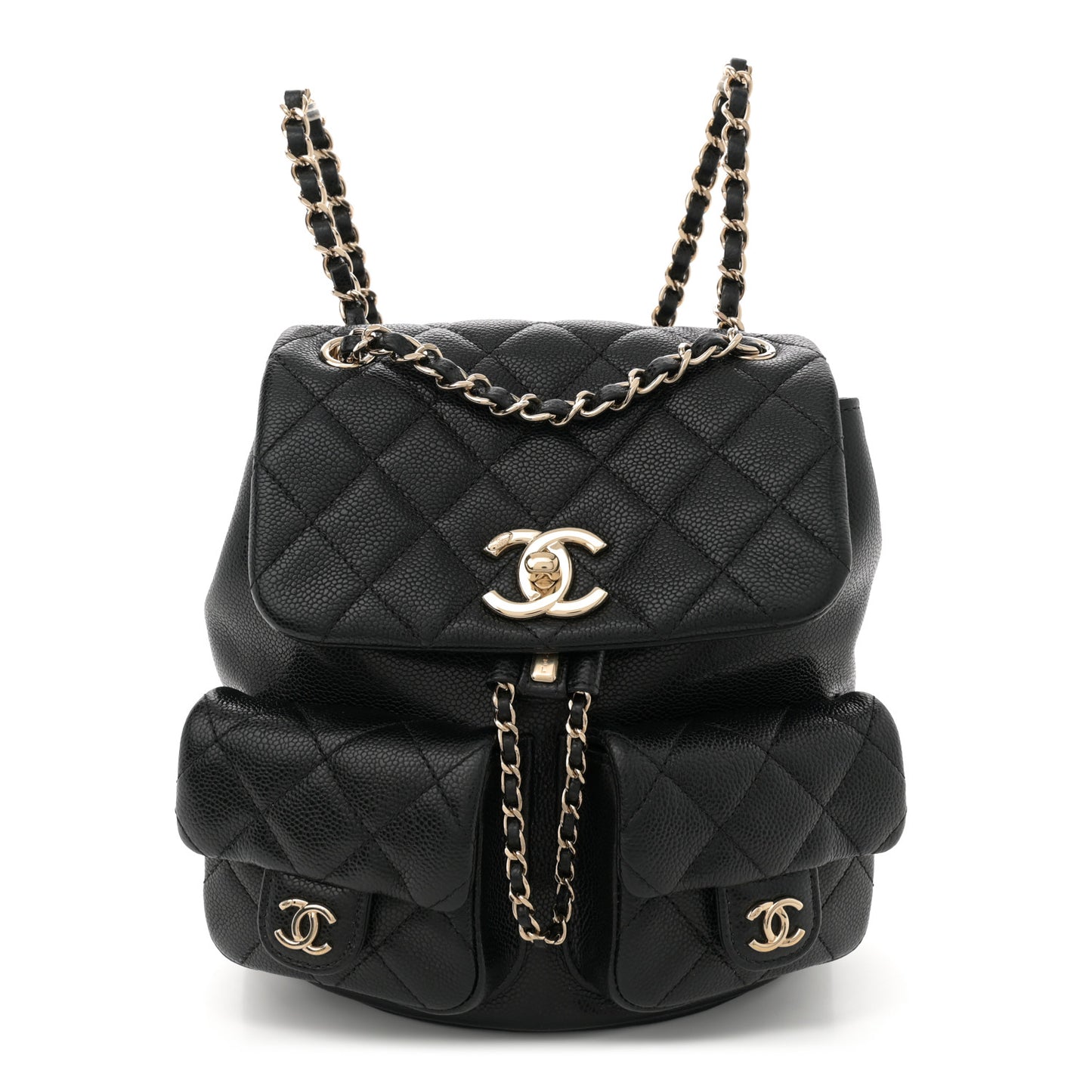 Shiny Caviar Quilted Medium Duma Pockets Drawstring Backpack Black