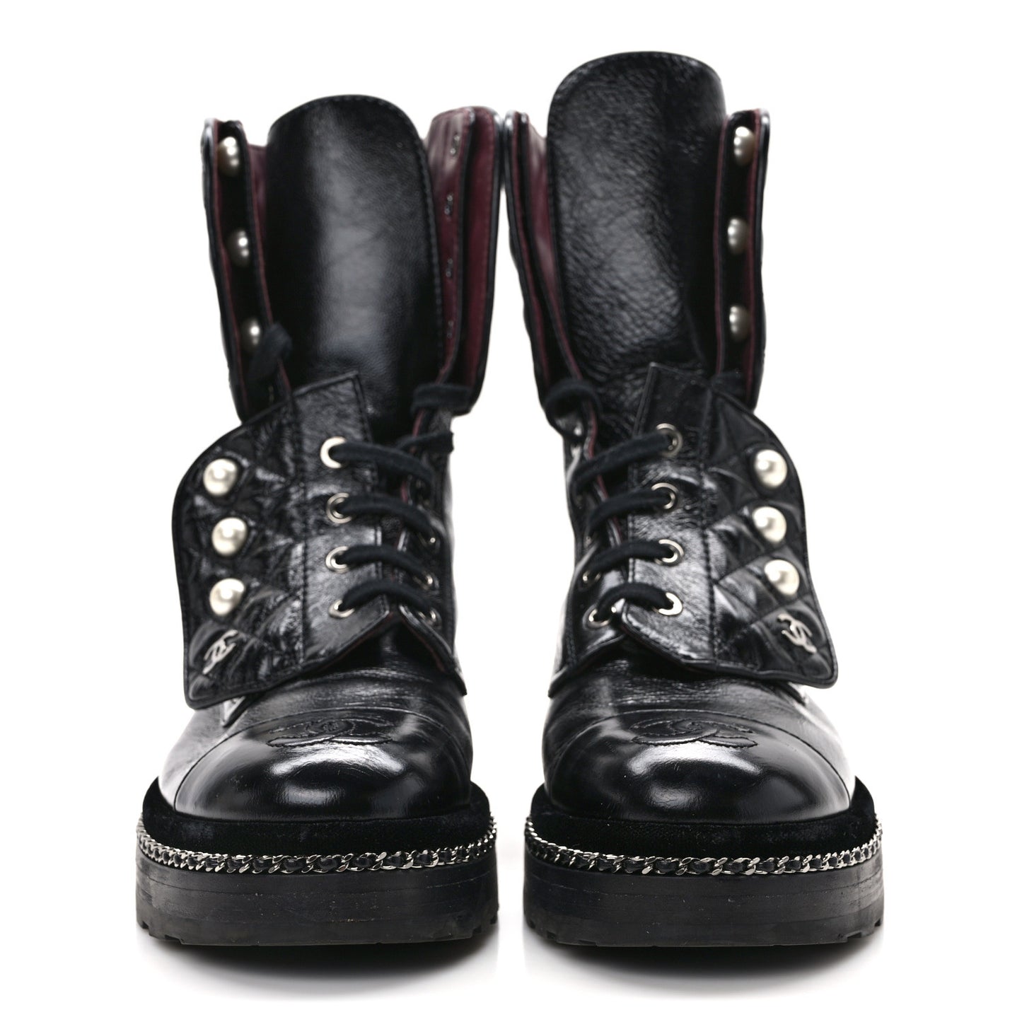 Crackled Calfskin Velvet Pearl Combat Ankle Boots 36.5 Black