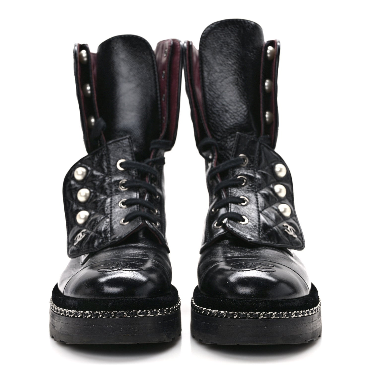 Chanel Crackled Calfskin Velvet Pearl Combat Ankle Boots 36.5 Black 2 of 8