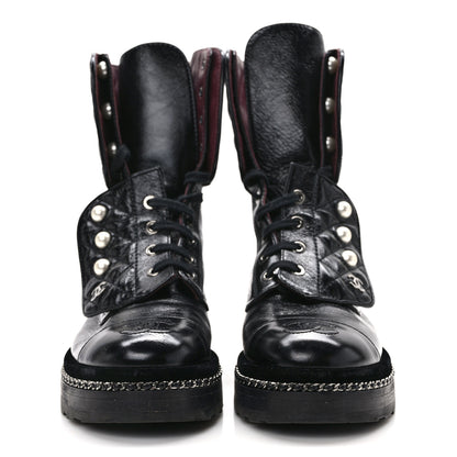 Chanel Crackled Calfskin Velvet Pearl Combat Ankle Boots 36.5 Black 2 of 8