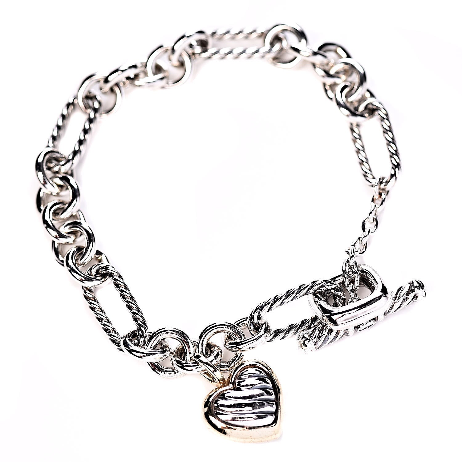 David Yurman Sterling Silver 18K Yellow Gold Cable Heart Charm Bracelet 3 of 4