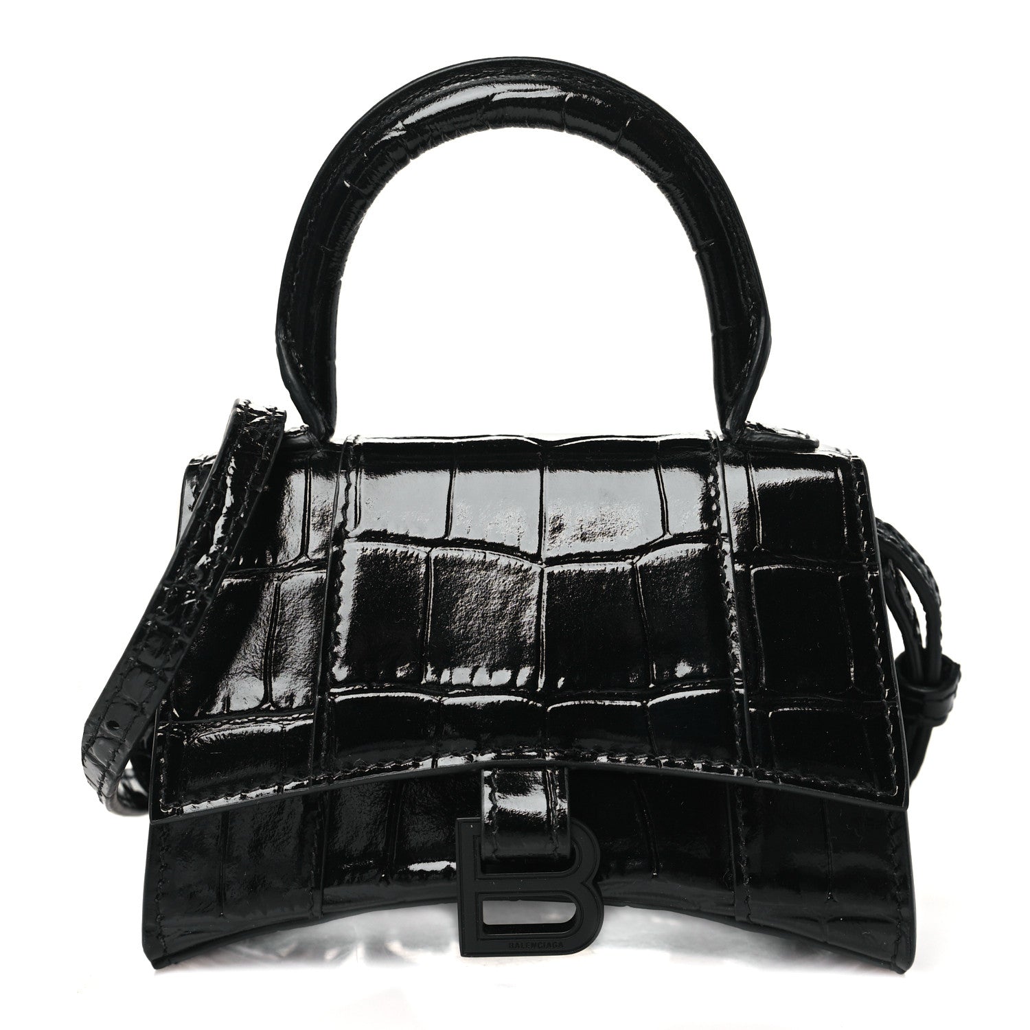 Balenciaga Shiny Calfskin Monochrome Crocodile Embossed Hourglass Top Handle Bag Mini Black 1 of 9