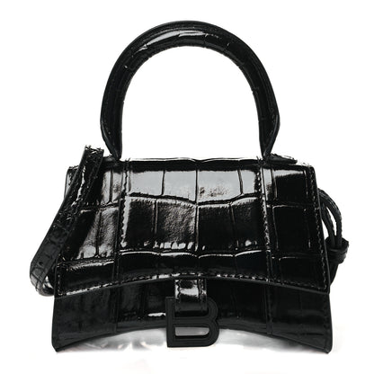 Balenciaga Shiny Calfskin Monochrome Crocodile Embossed Hourglass Top Handle Bag Mini Black 1 of 9