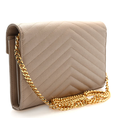 Saint Laurent Grain De Poudre Matelasse Chevron Monogram Chain Wallet Dark Beige 3 of 10