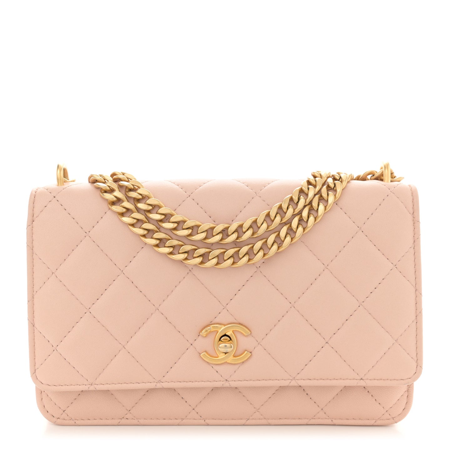 Lambskin Quilted Sweet Camellia Wallet on Chain WOC Light Beige