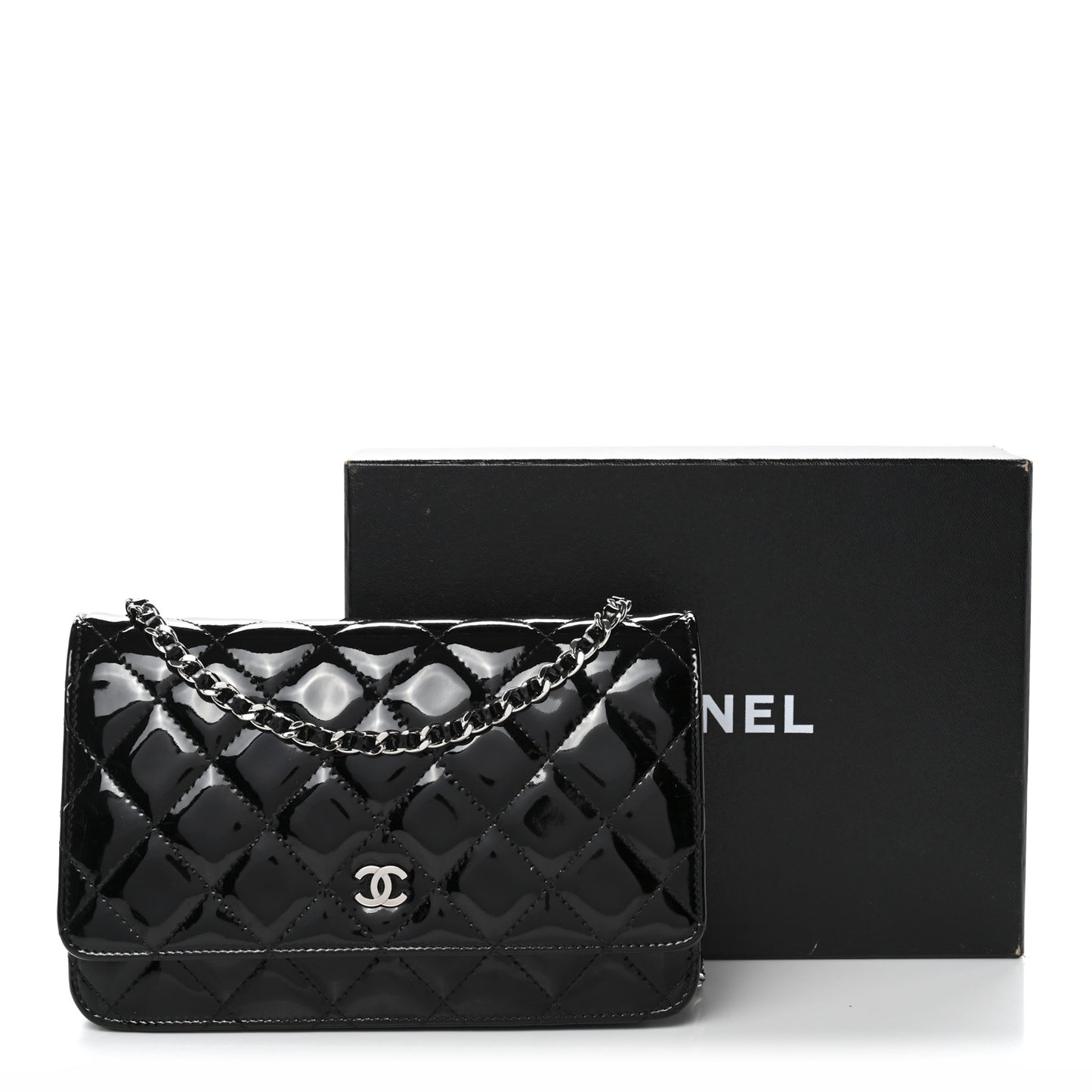 Patent Quilted Wallet On Chain WOC Black