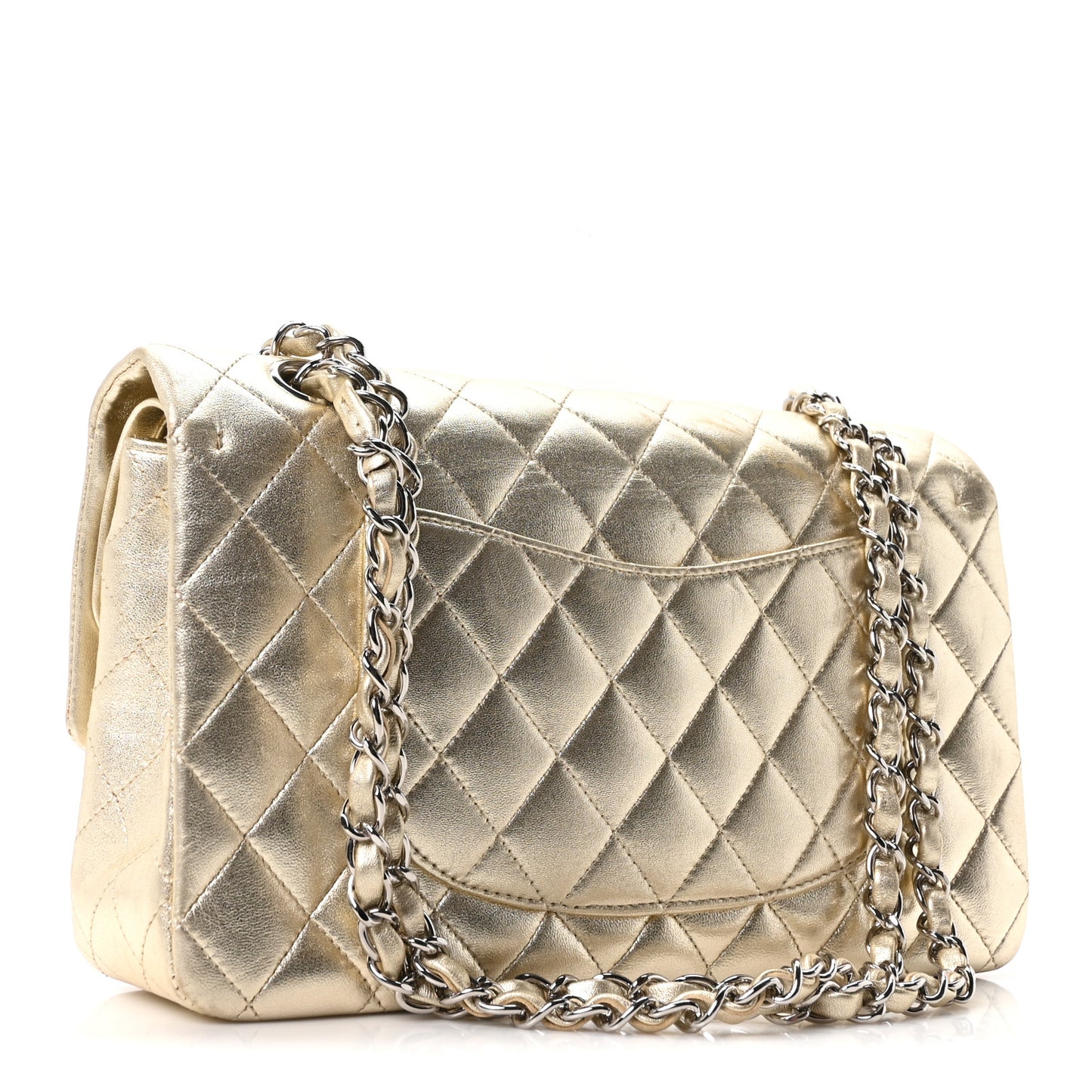 Metallic Lambskin Quilted Medium Double Flap Pale Gold