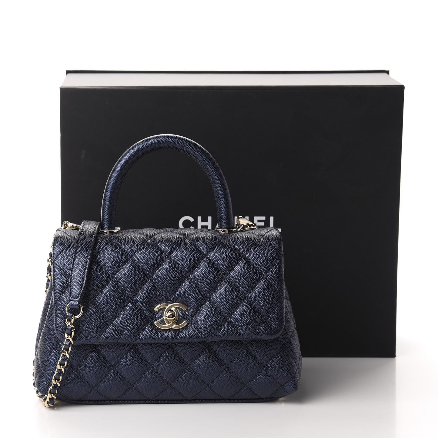 Iridescent Caviar Quilted Mini Coco Handle Flap Dark Blue