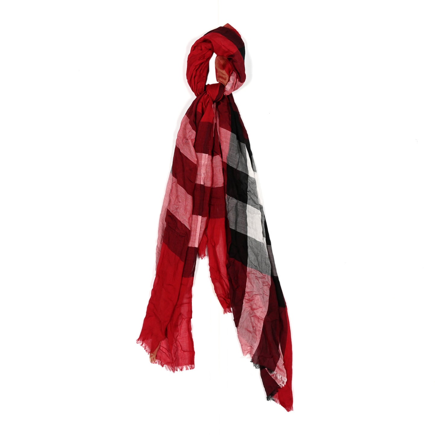 Modal Silk Cashmere Sheer Mega Check Fringe Scarf Red