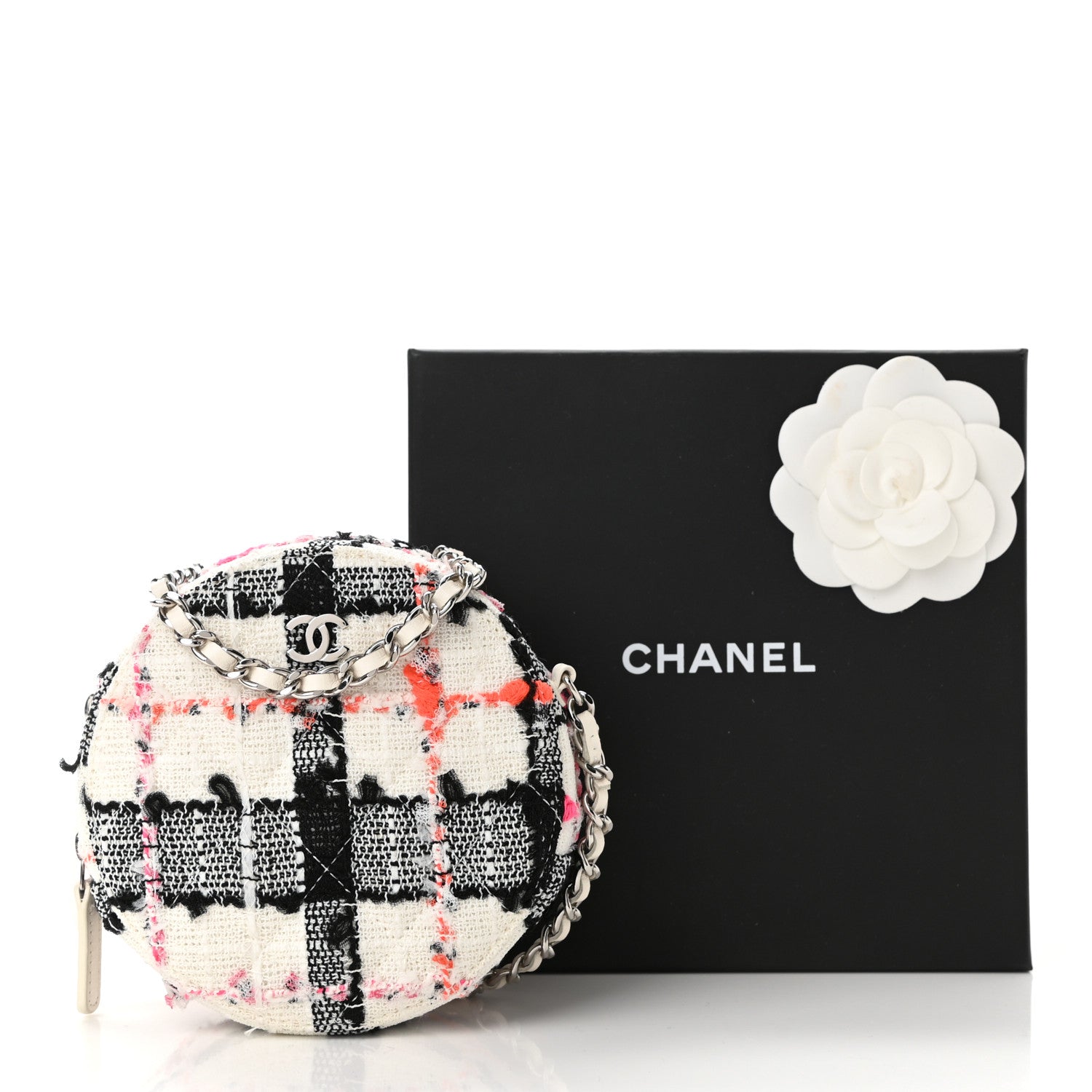 Chanel Tweed Quilted Round Clutch With Chain Black White Multicolor 10 of 10