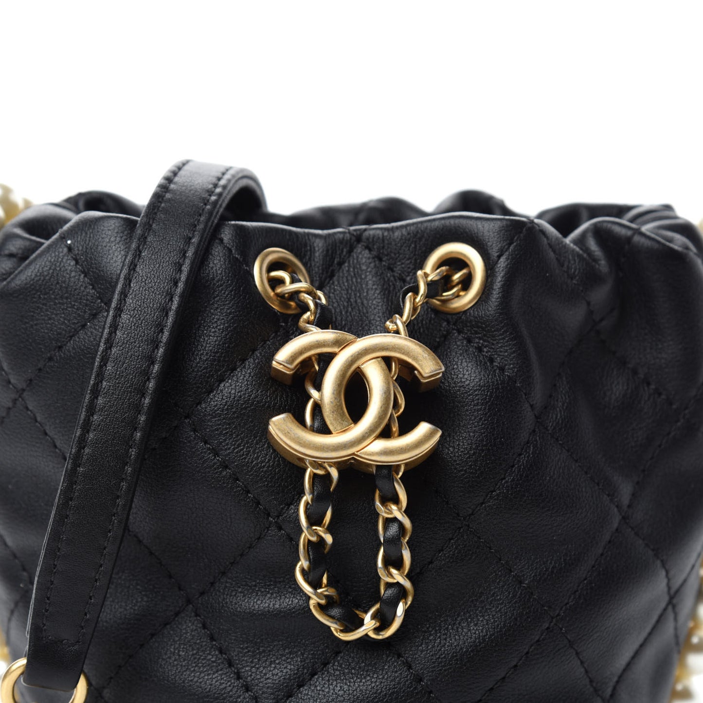 Calfskin Quilted Pearl Mini About Pearls Drawstring Bucket Bag Black