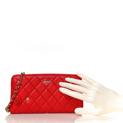 Chanel Lambskin Quilted Camellia Zip Around Wristlet Wallet Red 2 of 14