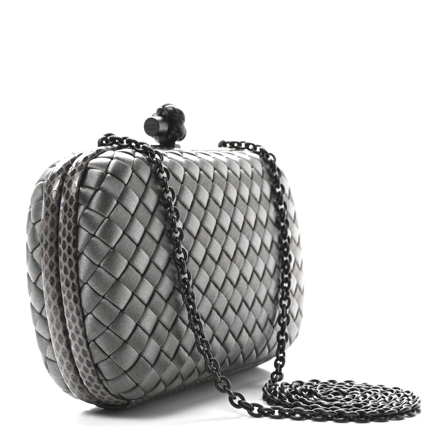 Bottega Veneta Silk Faille Intrecciato Raffia Knot Clutch Argento 3 of 9