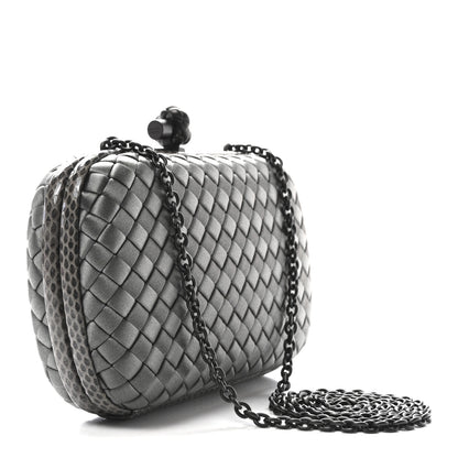 Bottega Veneta Silk Faille Intrecciato Raffia Knot Clutch Argento 3 of 9