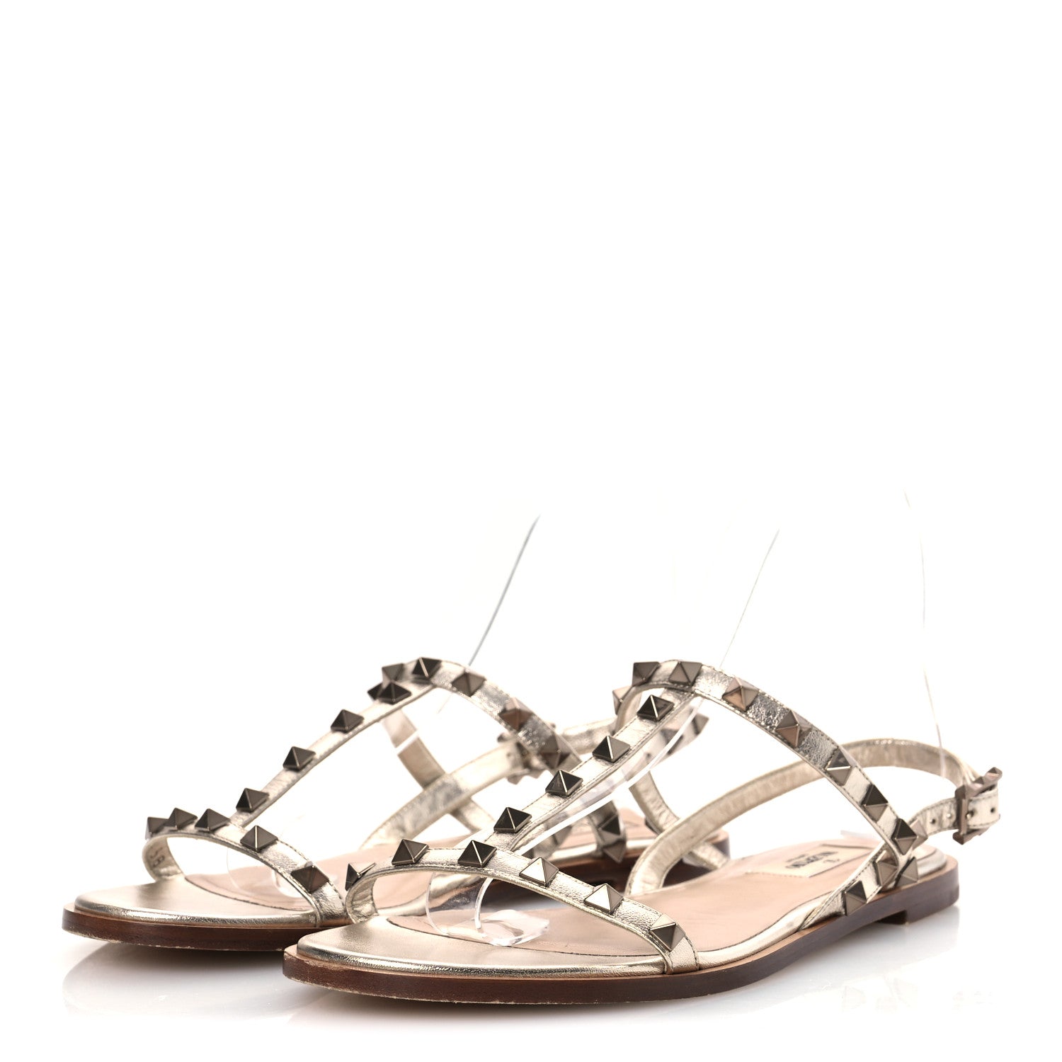Valentino Garavani Metallic Nappa Rockstud T-Strap Slingback Flat Sandals 38 Skin 4 of 12