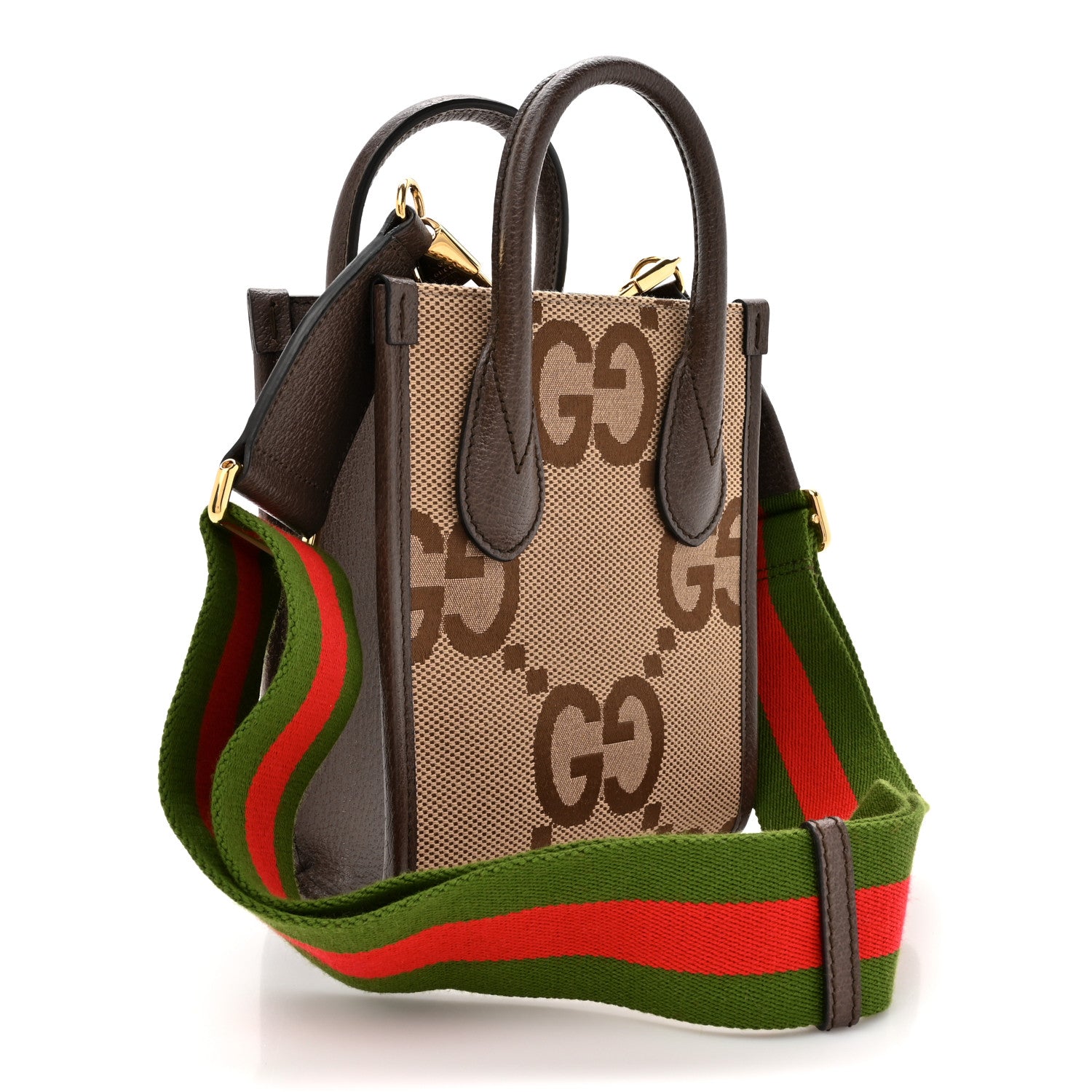 Gucci Monogram Jumbo GG Textured Dollar Calfskin Web Mini Vertical Tote Camel Ebony New Acero 3 of 12