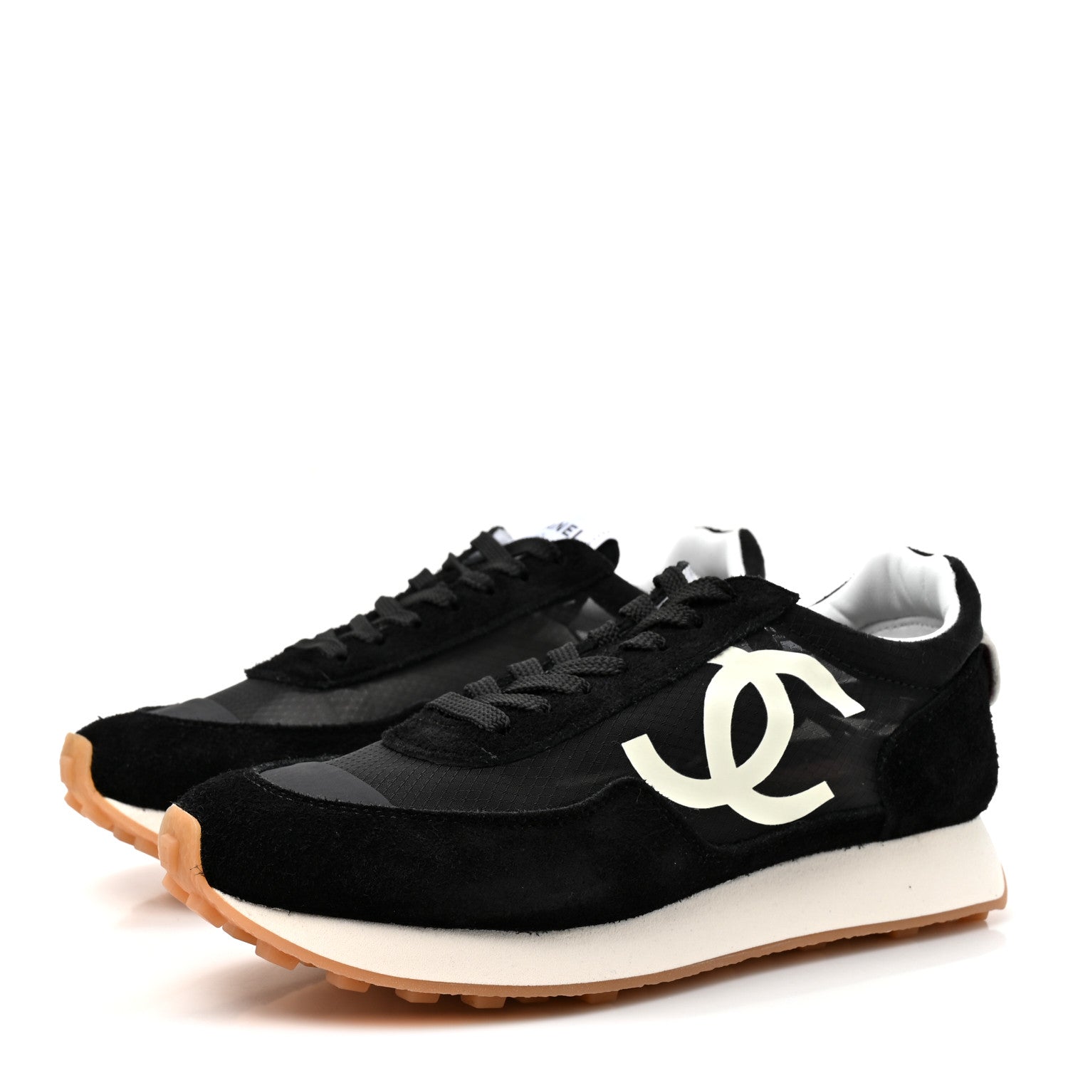 Chanel Mesh Suede Calfskin Womens Logo Sneakers 38.5 Black White 4 of 10