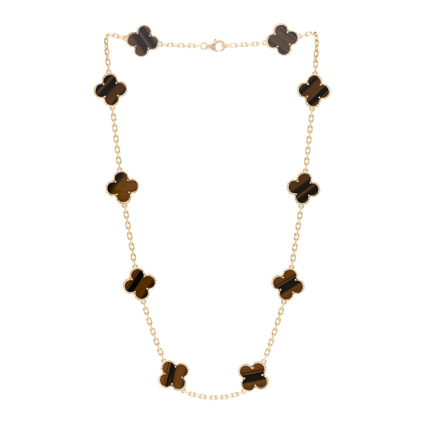 18K Yellow Gold Tiger Eye 10 Motifs Vintage Alhambra Necklace