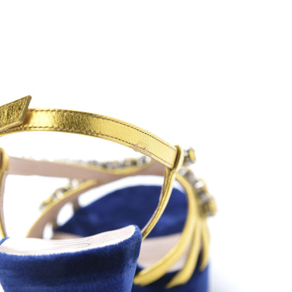 Gucci Velvet Nappa Crystal Zephyra Slingback Platform High Heel Sandals 36.5 Blue Gold 8 of 10