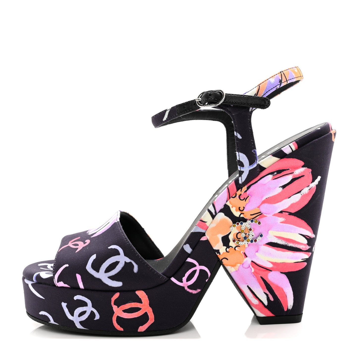 Fabric Printed Crystal Pearl CC Platform Pumps 39 Black Multicolor