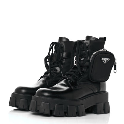 Prada Spazzolato Rois Nylon Metal Triangle Logo Monolith Pouch Pocket 55mm Boots 36 Black 3 of 7