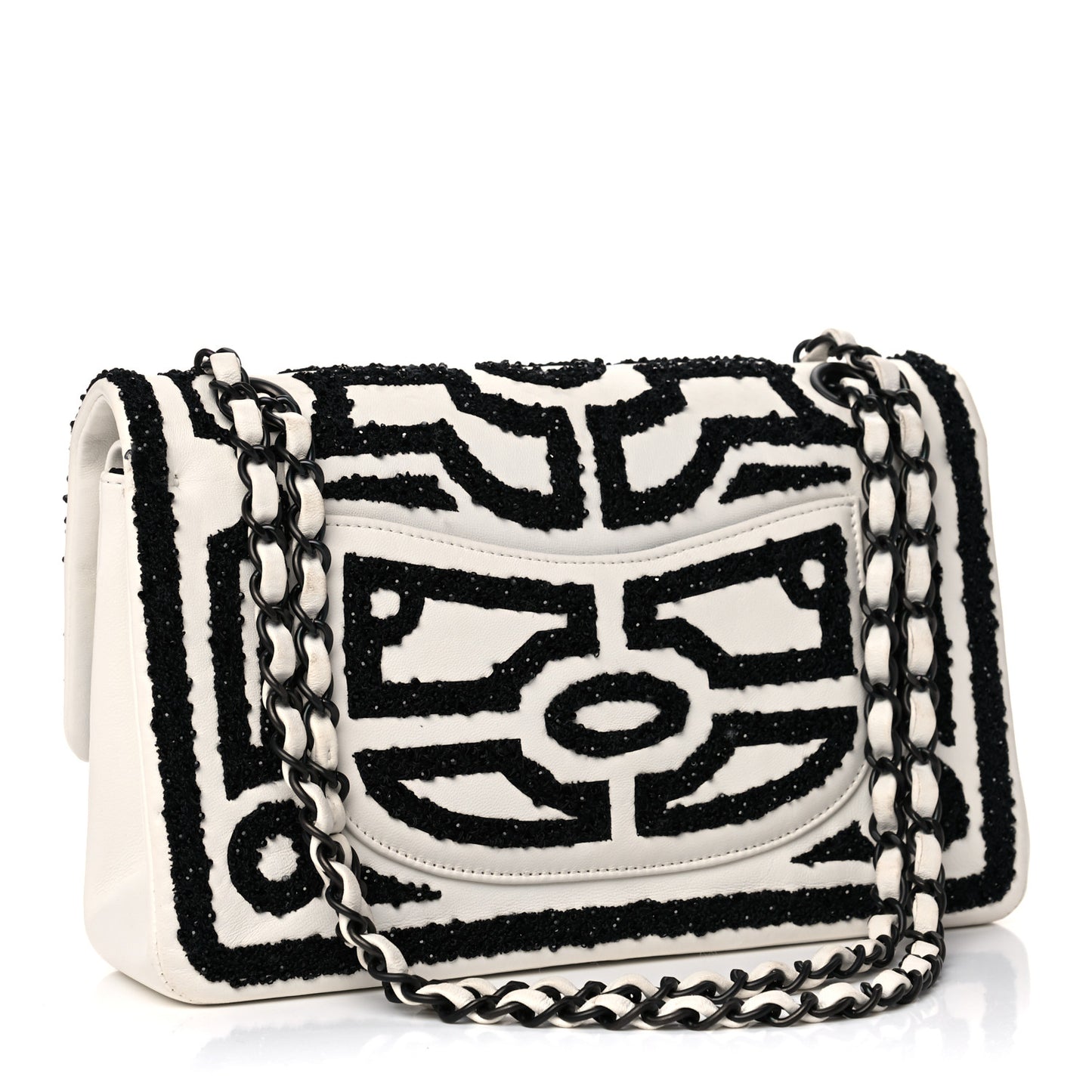 Lambskin Crystal Embroidered Medium Garden Of Versailles Double Flap Black White