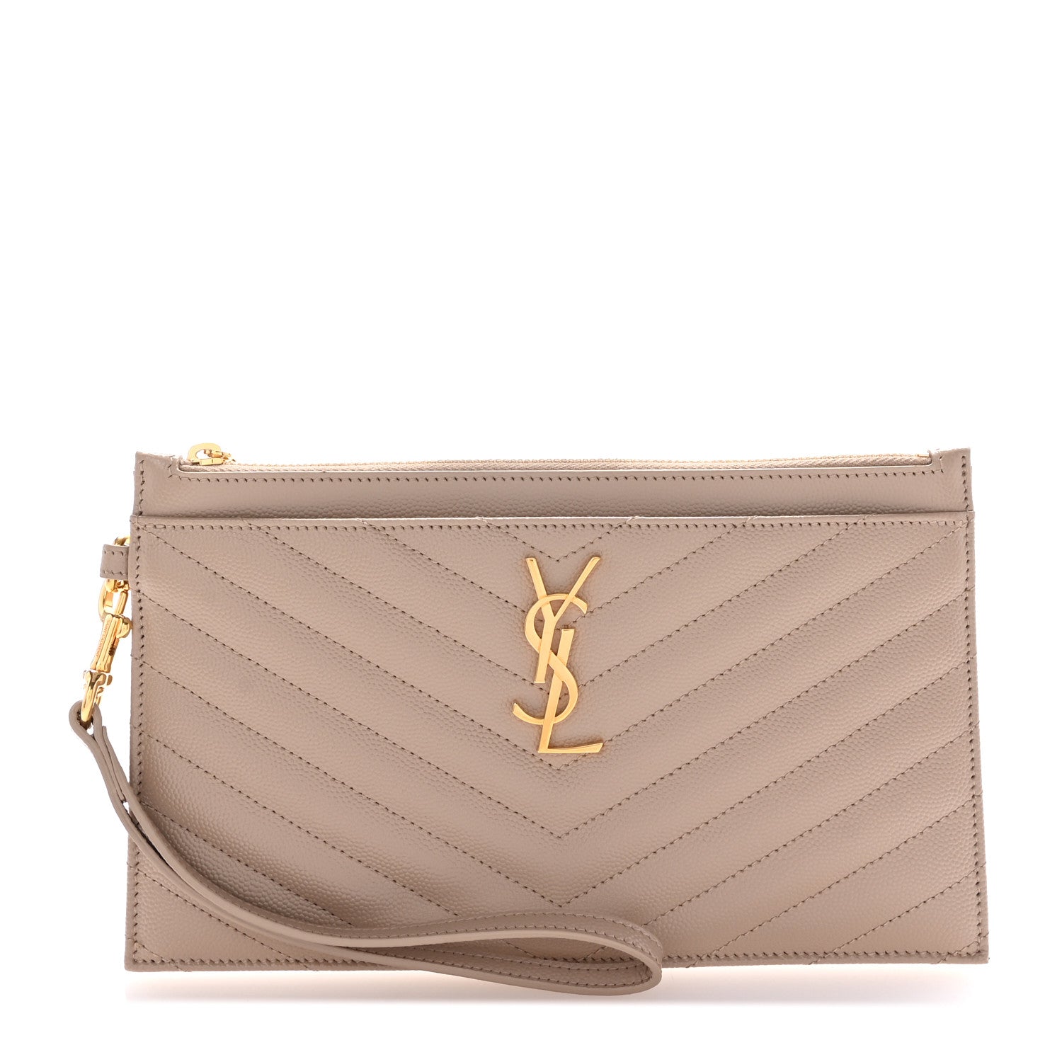 Saint Laurent Grain De Poudre Chevron Monogram Large Bill Pouch Dark Beige 1 of 8