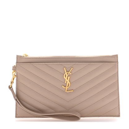 Saint Laurent Grain De Poudre Chevron Monogram Large Bill Pouch Dark Beige 1 of 8