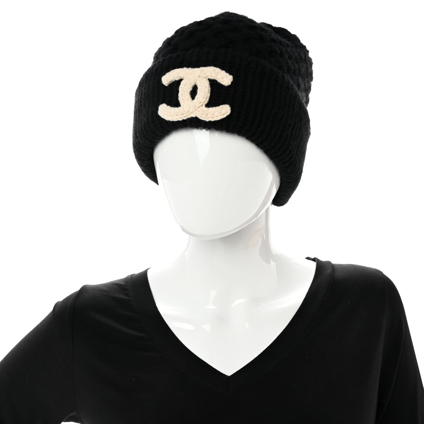 Wool Cashmere CC Beanie Hat Black White