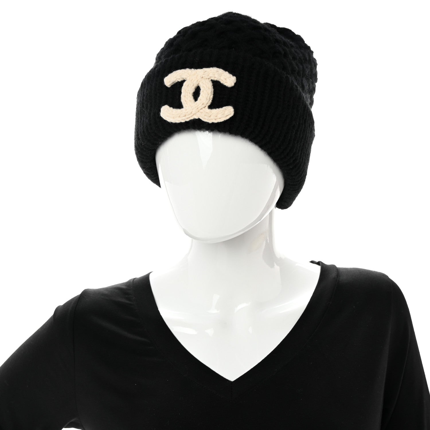 Chanel Wool Cashmere CC Beanie Hat Black White 2 of 6