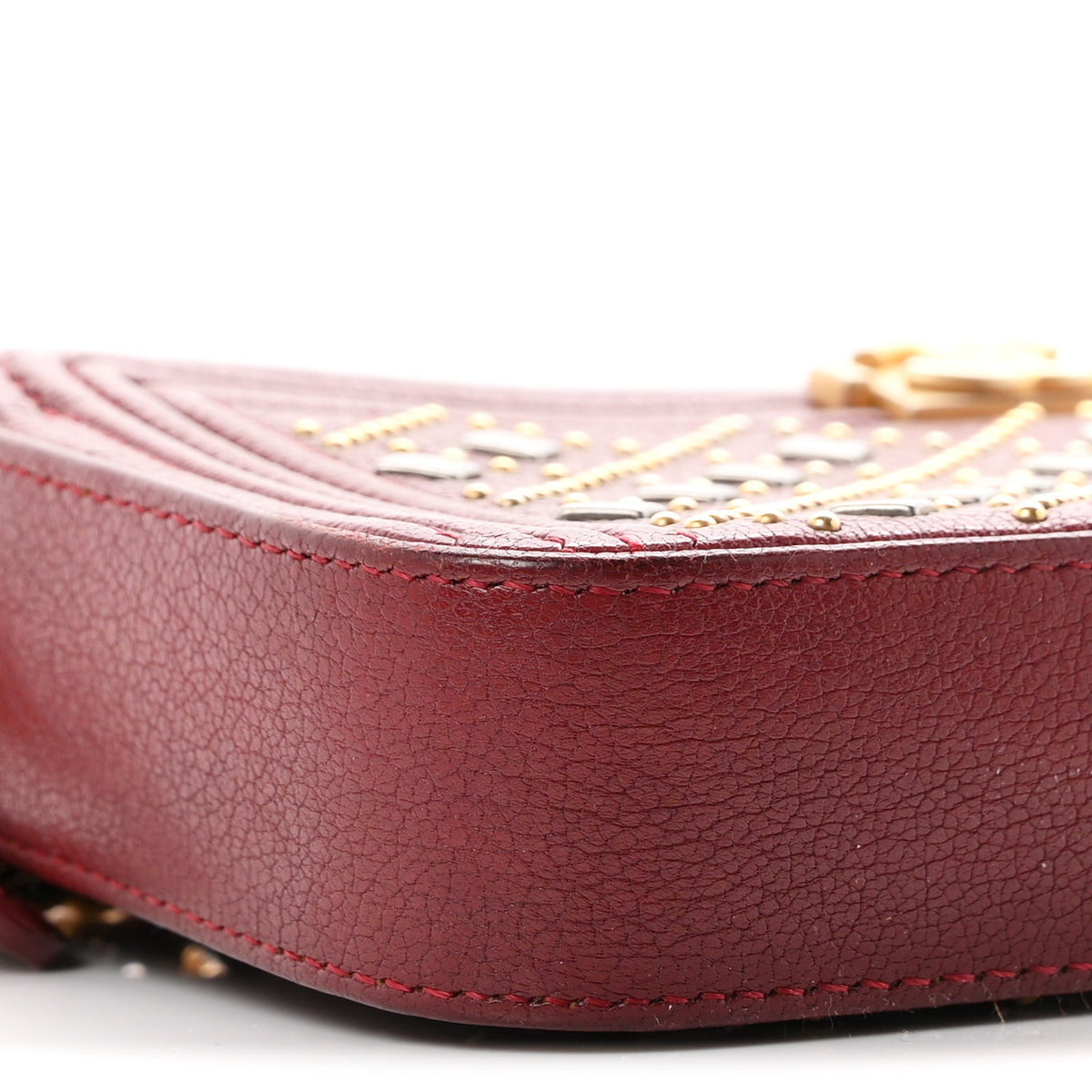 Grained Calfskin Studded Small Boy Clutch With Chain Dark Red