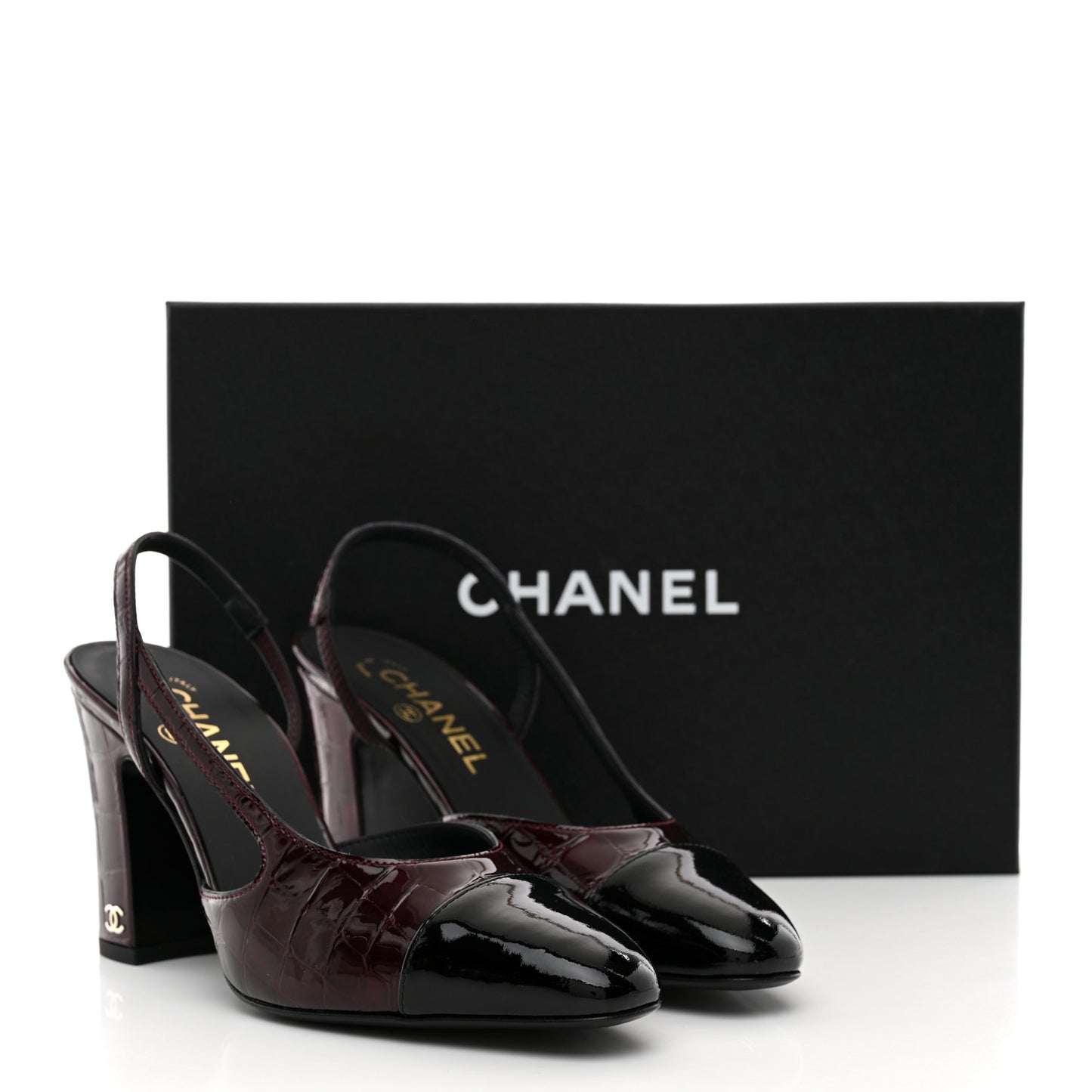 Patent Calfskin Crocodile Embossed Cap Toe CC Slingback Pumps 37.5 Dark Burgundy Black