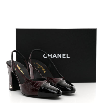 Chanel Patent Calfskin Crocodile Embossed Cap Toe CC Slingback Pumps 37.5 Dark Burgundy Black 11 of 11
