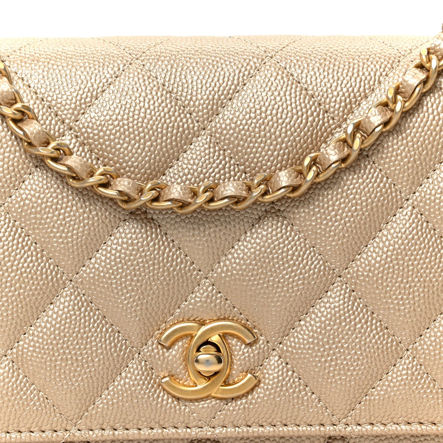 Metallic Caviar Quilted Coin Wallet On Chain WOC Gold