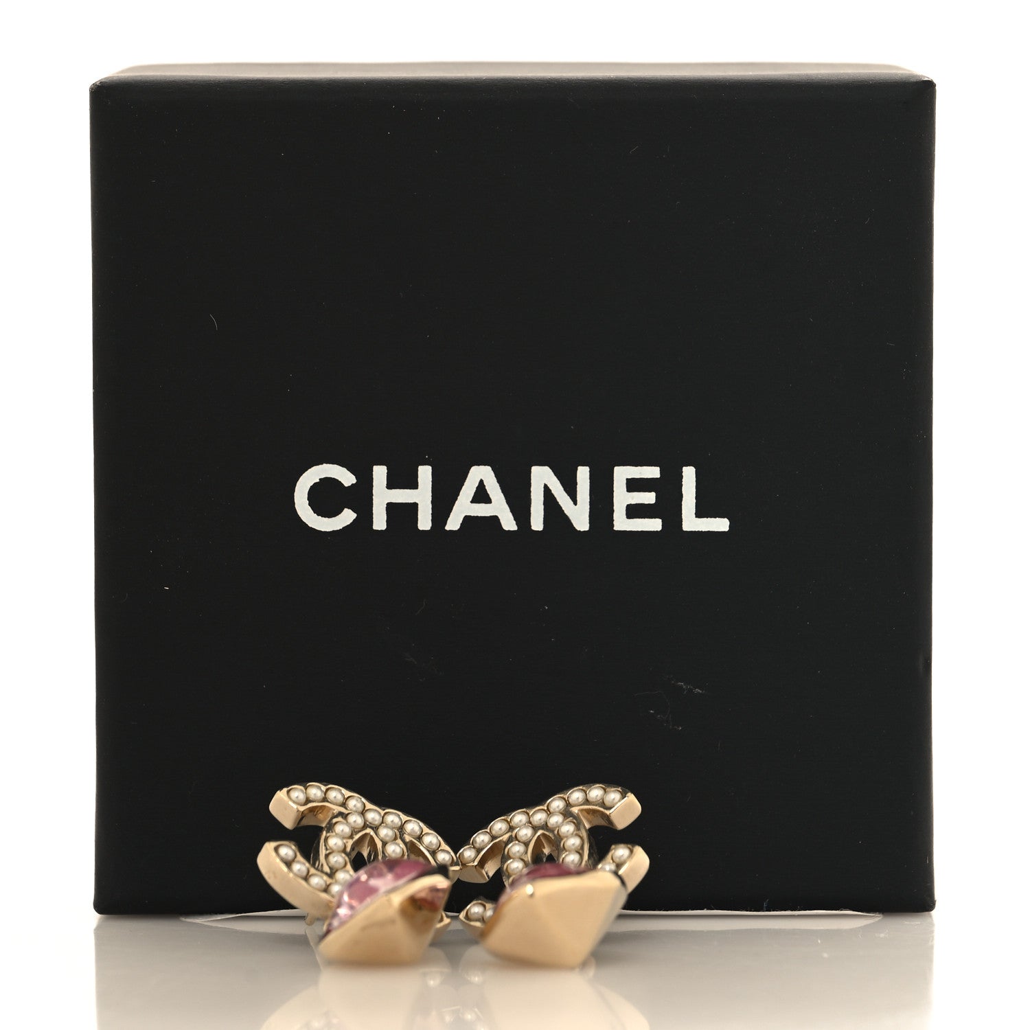 Chanel Crystal Pearl Heart CC Drop Earrings Pink Gold 5 of 5
