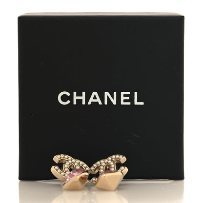 Chanel Crystal Pearl Heart CC Drop Earrings Pink Gold 5 of 5
