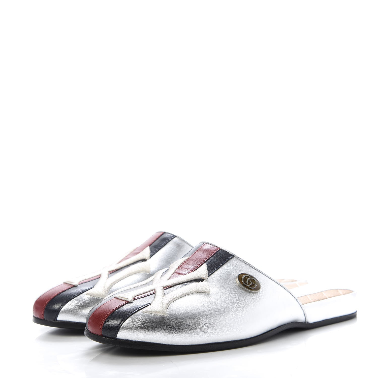 Gucci X MLB Metallic Lambskin NY Yankees Embroidered Womens GG Slippers 36.5 Silver 3 of 9