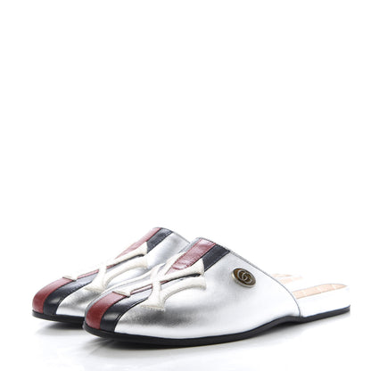 Gucci X MLB Metallic Lambskin NY Yankees Embroidered Womens GG Slippers 36.5 Silver 3 of 9