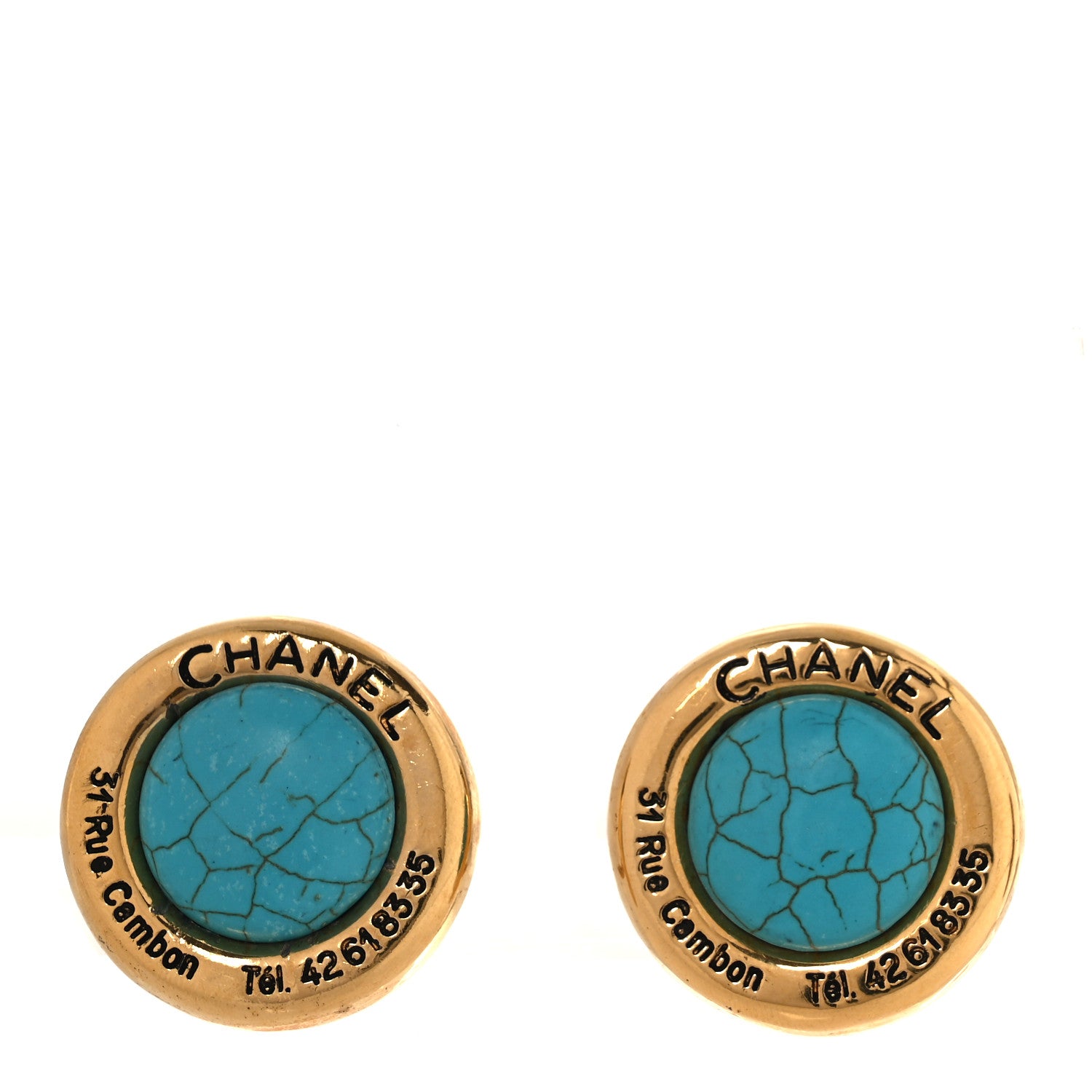 Chanel Metal Round Cambon Resin Clip On Earrings Gold Turquoise 1 of 8