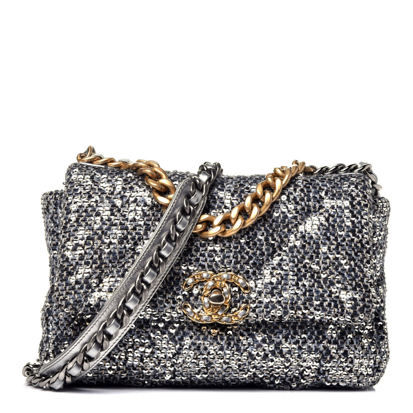 Sequin Quilted Medium Chanel 19 Flap Silver