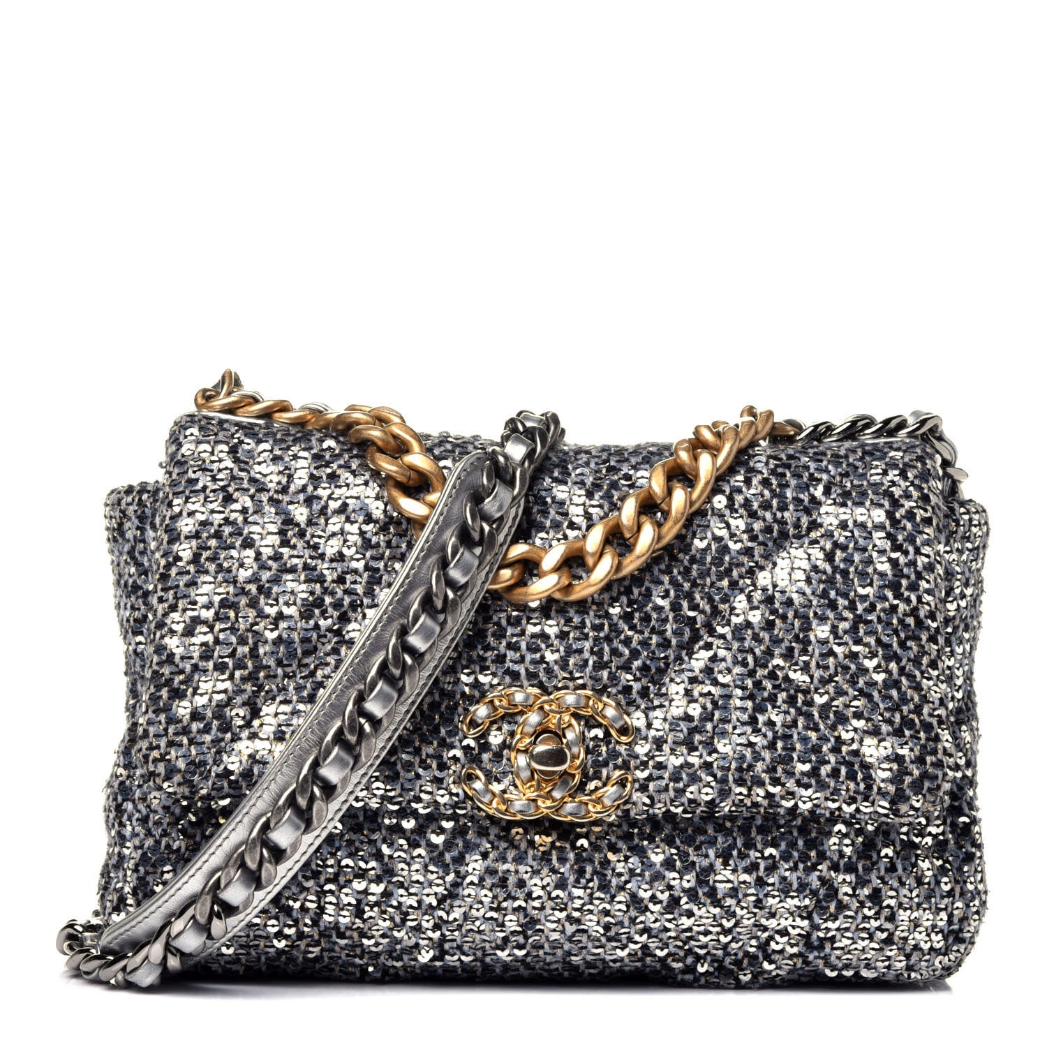 Chanel Sequin Quilted Medium Chanel 19 Flap Silver 1 of 9