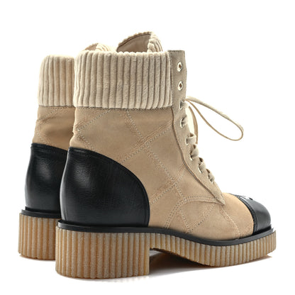 Chanel Suede Calfskin Velvet Quilted CC Combat Boots 39 Beige Black 4 of 7